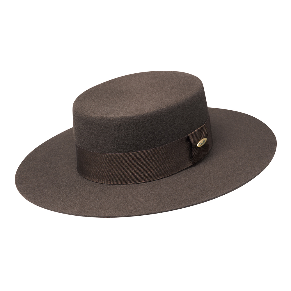 Bronte BaileyB- Matelot hoed in bruin wolvilt rechte rand en kroon-voorzien van bruin ton-sur-ton ribsband