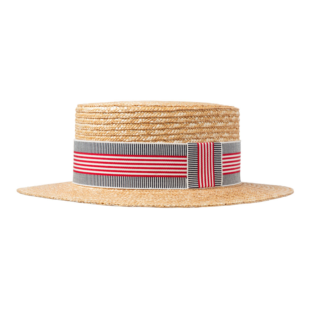 Bronte Emile-stro boater hoed ofwel gondeliershoed met zwart/rood gestreepte ripsband
