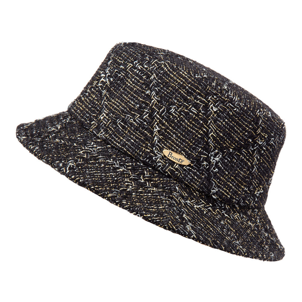 Bronté bucket hoed Matt gemaakt van Linton Tweed wol in een zwart/goud mix. 