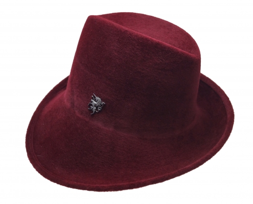 Philip Treacy- zijwaartse trilby hoed in velour haarvilt en eenhoorn symbool- donker rood