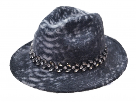 Philip Treacy- velour vilt fedora hoed in grijze zebra print- met Swarowski decoratie