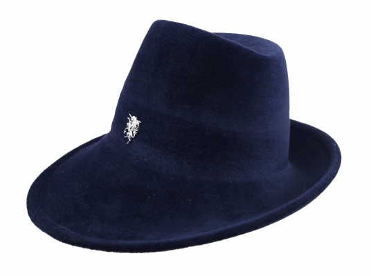 Philip Treacy- zijwaartse trilby hoed in velour haarvilt en eenhoorn symbool- donker blauw
